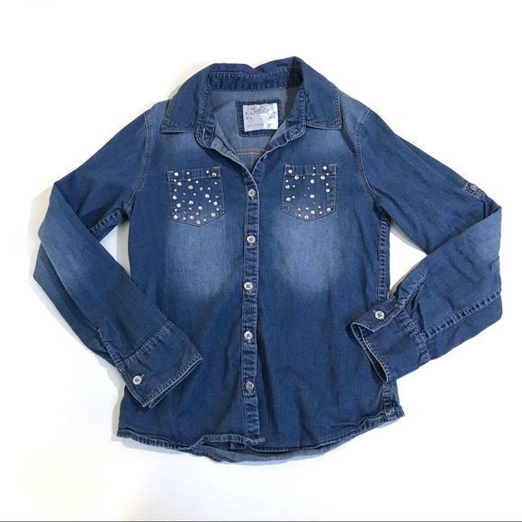 Justice Girl’s Embellished Chambray Shirt Sz 10 - Picture 2 of 9